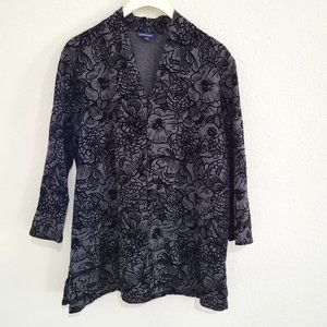 Lands End Black Velvet Flocked Floral Tunic Top SZ L 14-16